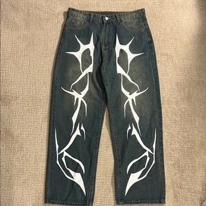 Men's Y2k Sand Faded Jeans with White Graphic Design